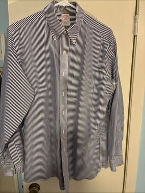 Brooks Brothers Navy and White Vertical Stripe Button-Down Shirt